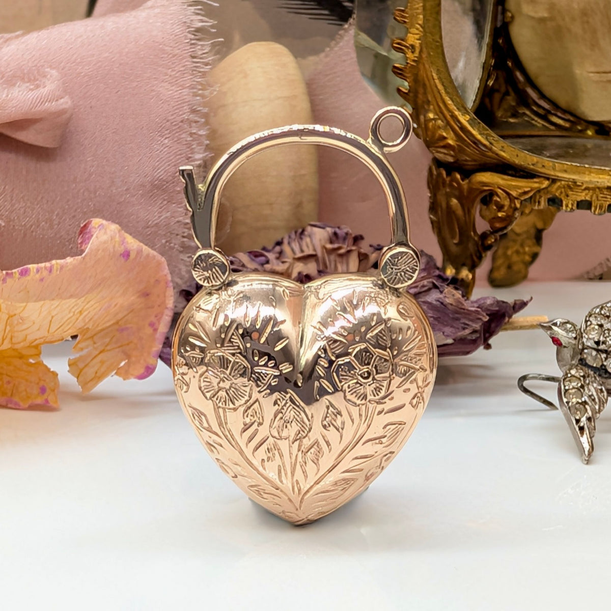 Contemporary 9ct Rose Gold Cabochon Amethyst Puffy-Heart Padlock Pendant