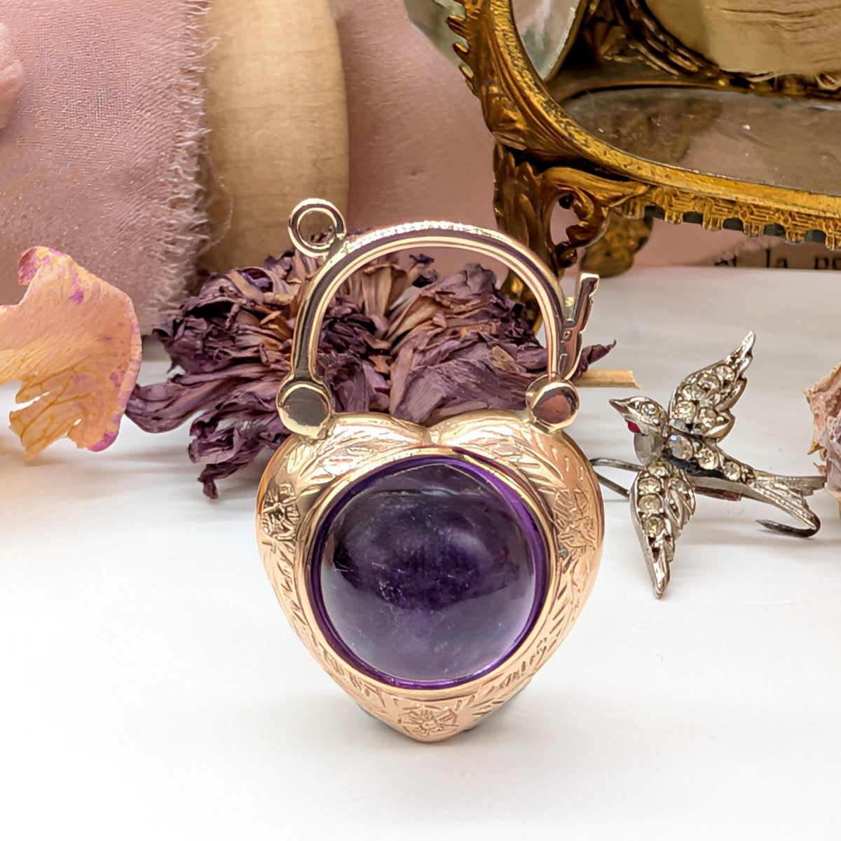 Contemporary 9ct Rose Gold Cabochon Amethyst Puffy-Heart Padlock Pendant