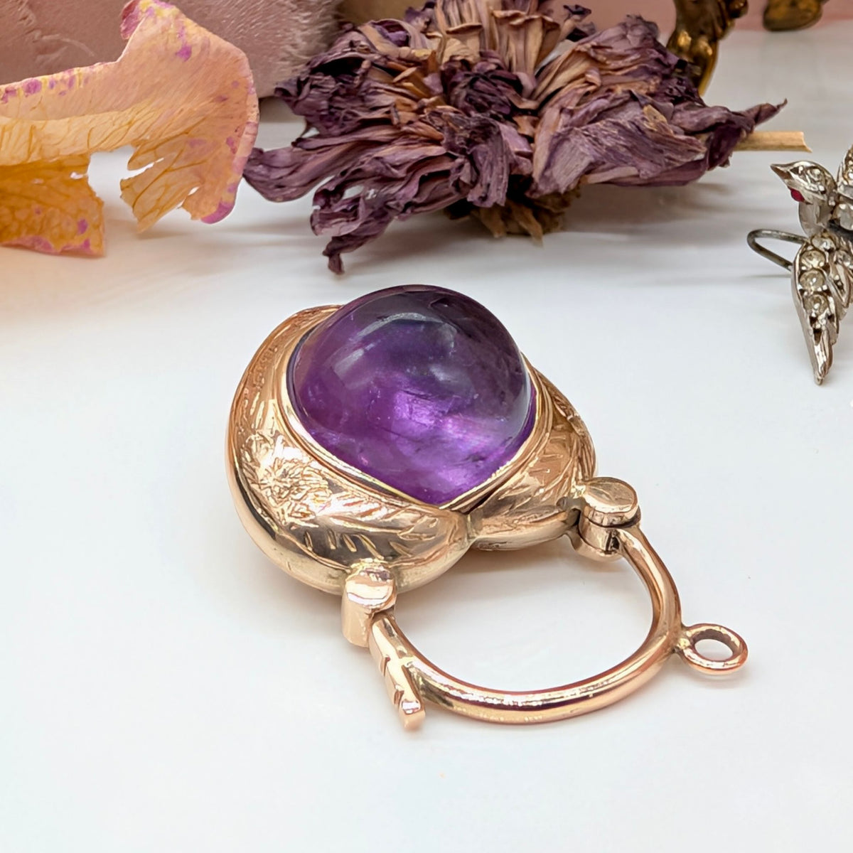Contemporary 9ct Rose Gold Cabochon Amethyst Puffy-Heart Padlock Pendant