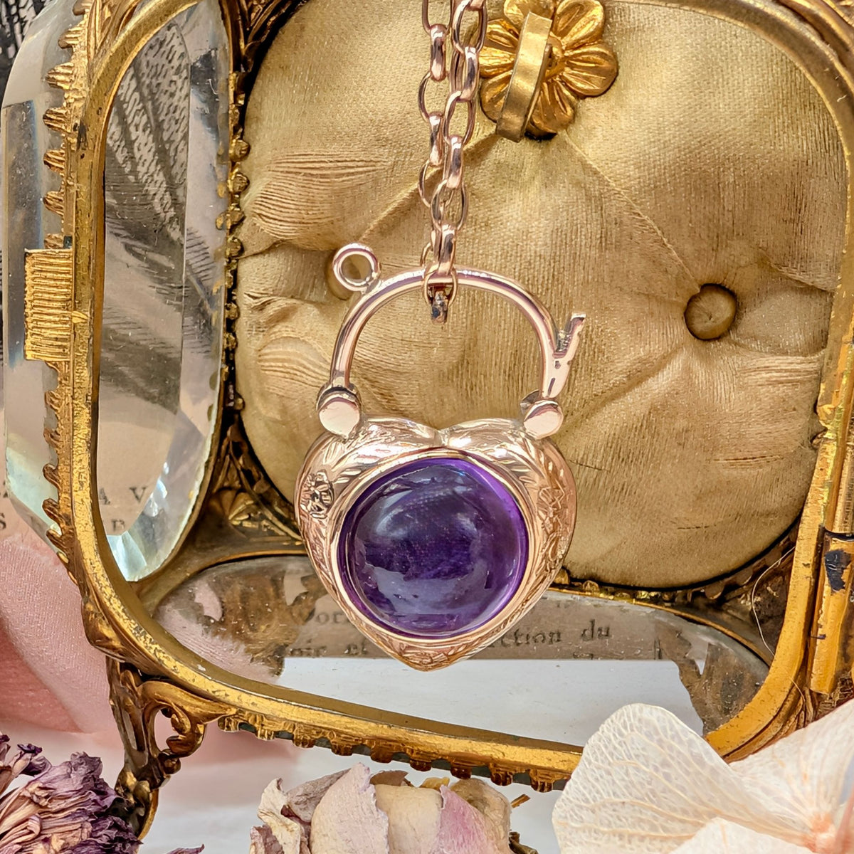 Contemporary 9ct Rose Gold Cabochon Amethyst Puffy-Heart Padlock Pendant
