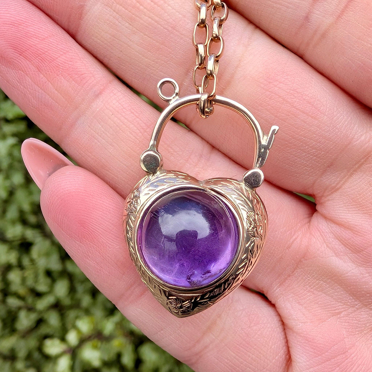 Contemporary 9ct Rose Gold Cabochon Amethyst Puffy-Heart Padlock Pendant