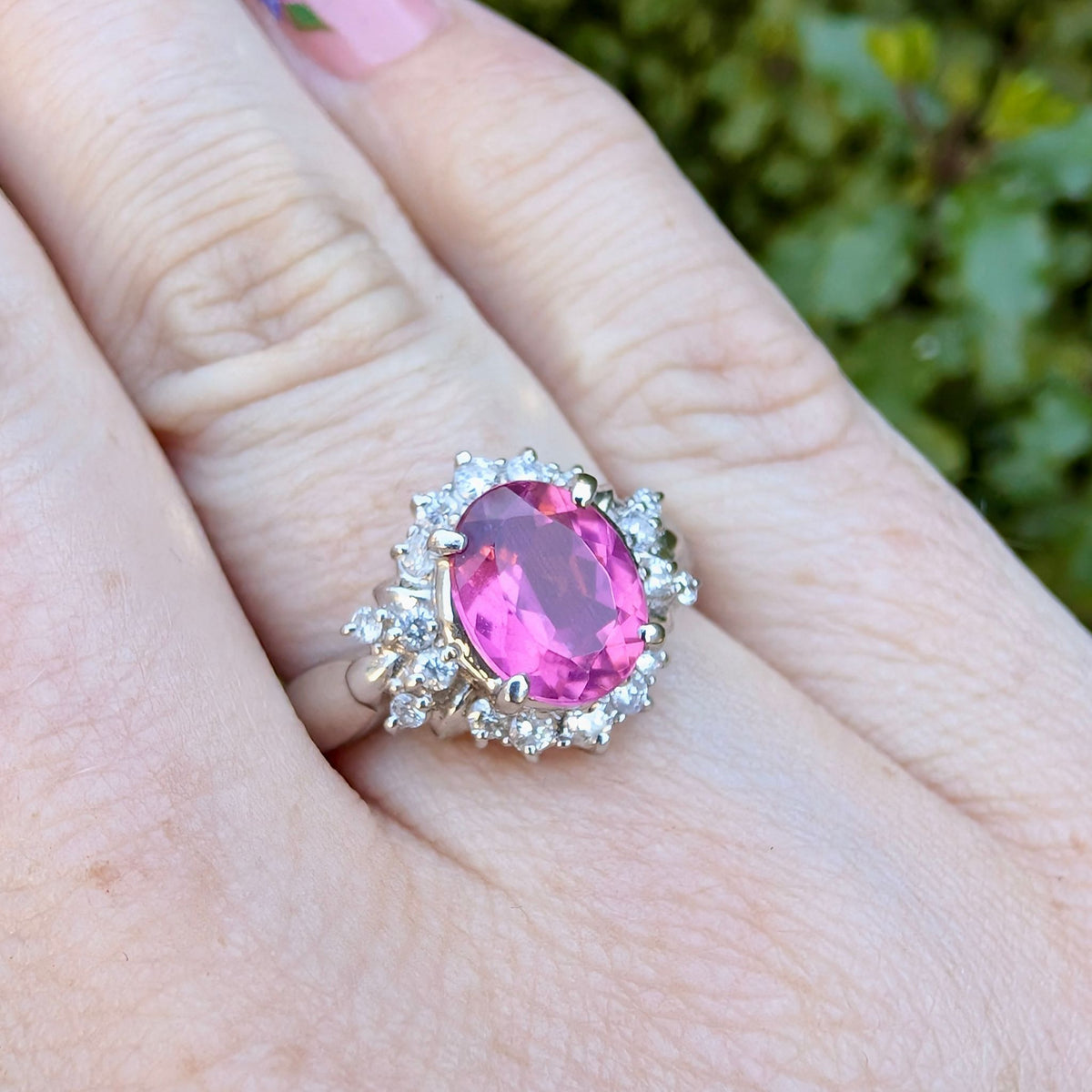 Stunning Contemporary Platinum Pink 1.61ct Tourmaline & Diamond Halo Ring Complete With An Independent Gemmological Valuation $6203.00 AUD