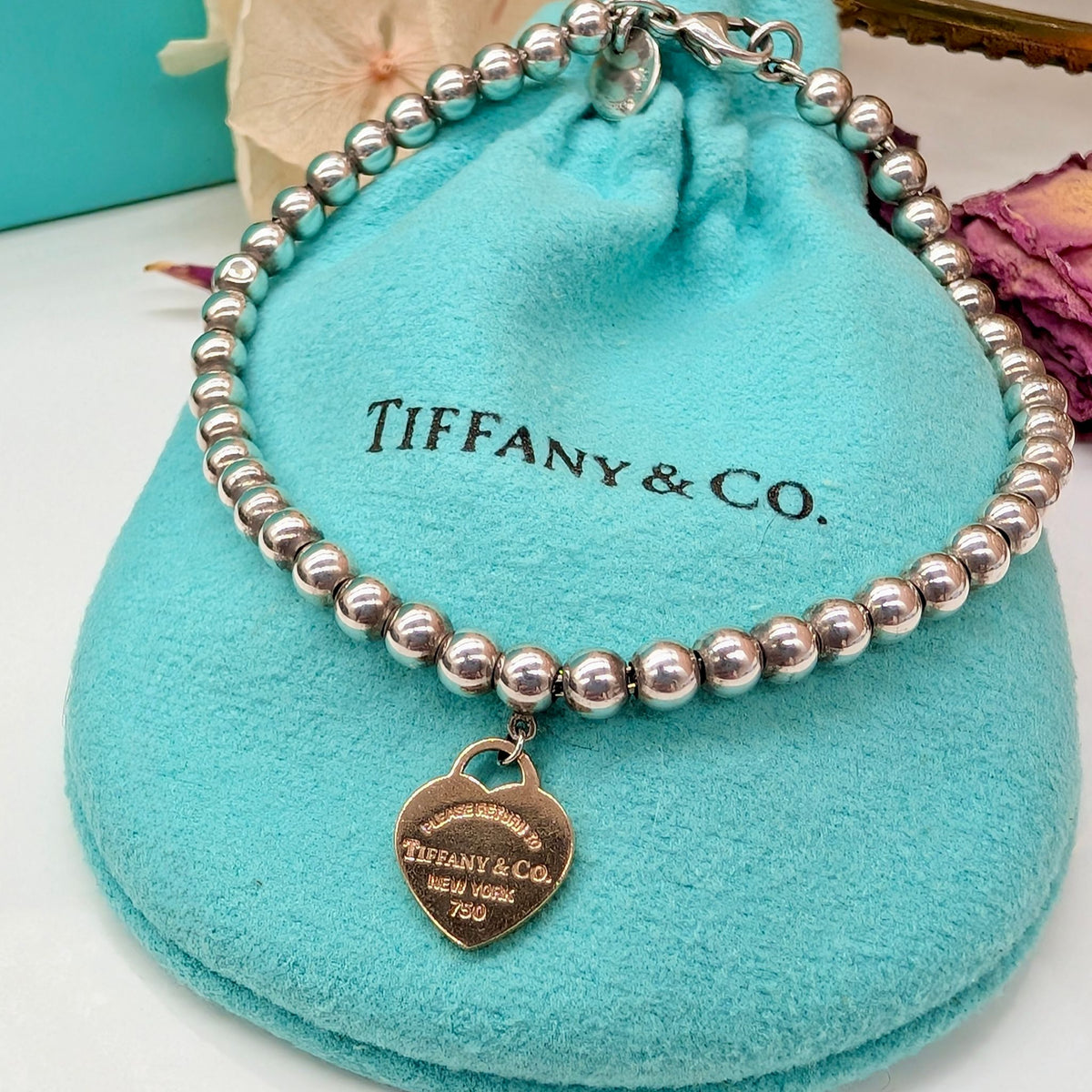 Tiffany & Co. ‘Return to Tiffany’ 18ct Rose Gold & Sterling Silver Heart Tag Bead Bracelet Pouch And Box Included.