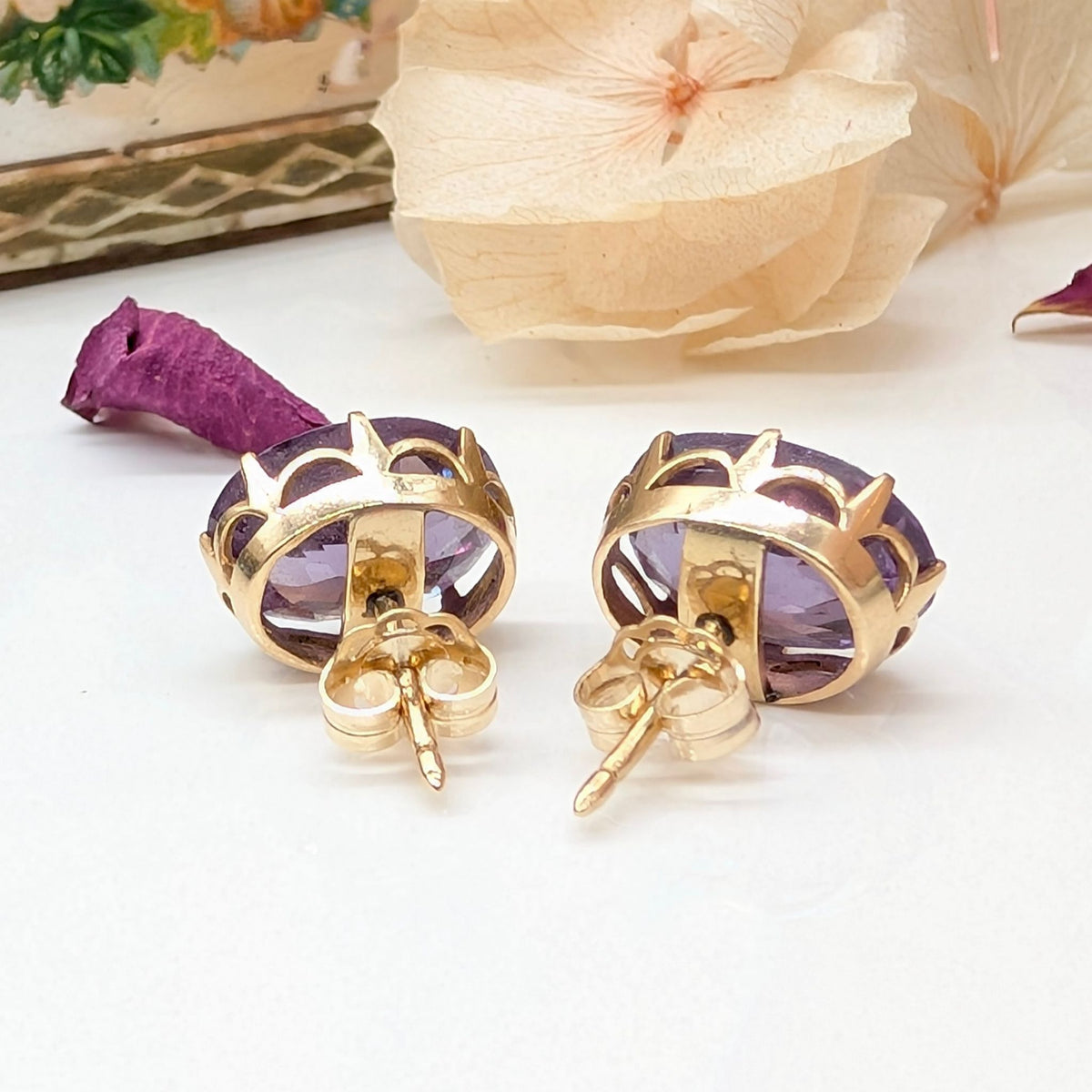 Vintage 9ct Yellow Gold Synthetic Colour-Change Sapphire Earrings – Approx. 6.80ct Each