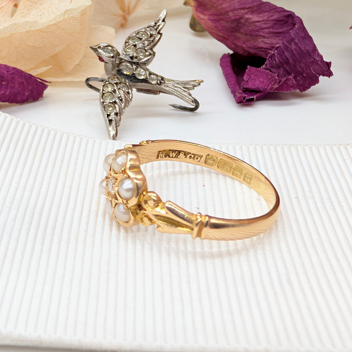 Gorgeous Antique 18ct Yellow Gold Diamond & Pearl Cluster Ring – Birmingham 1919