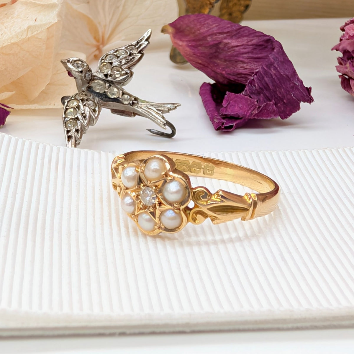 Gorgeous Antique 18ct Yellow Gold Diamond & Pearl Cluster Ring – Birmingham 1919
