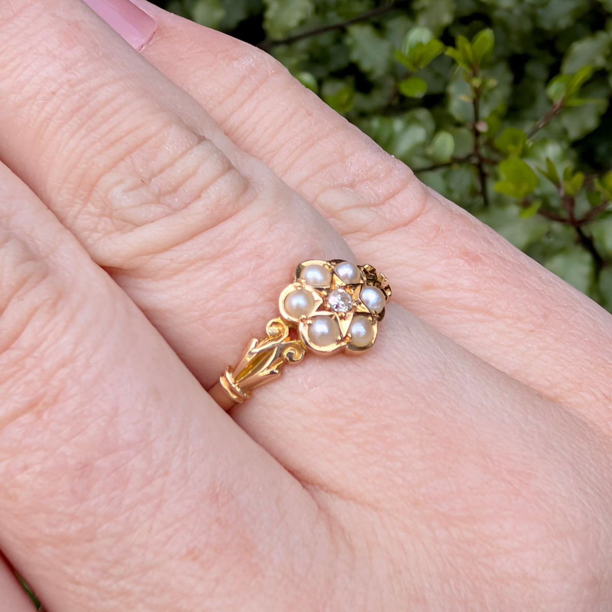Gorgeous Antique 18ct Yellow Gold Diamond & Pearl Cluster Ring – Birmingham 1919