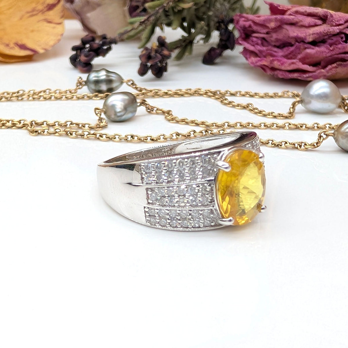 Stunning 14ct White Gold 2.11ct Golden Yellow Sapphire & 0.47ct Diamond Ring — Complete With An Independent Gemmological Valuation For $12,200 AUD