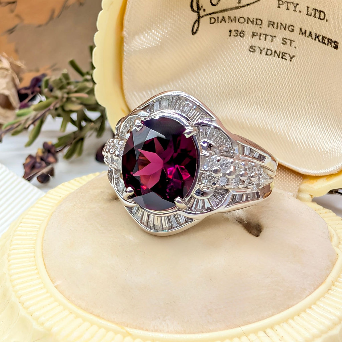 Superb Platinum 3.73ct Rhodolite Garnet & 1.05ct Diamond Ring — Complete With An Independent Gemmological Valuation For $10,366 AUD