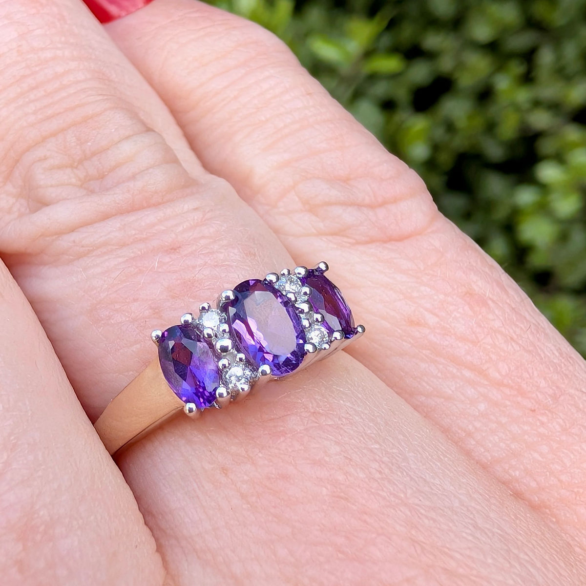 Contemporary 9ct Yellow Gold Amethyst And Diamond Trilogy Ring