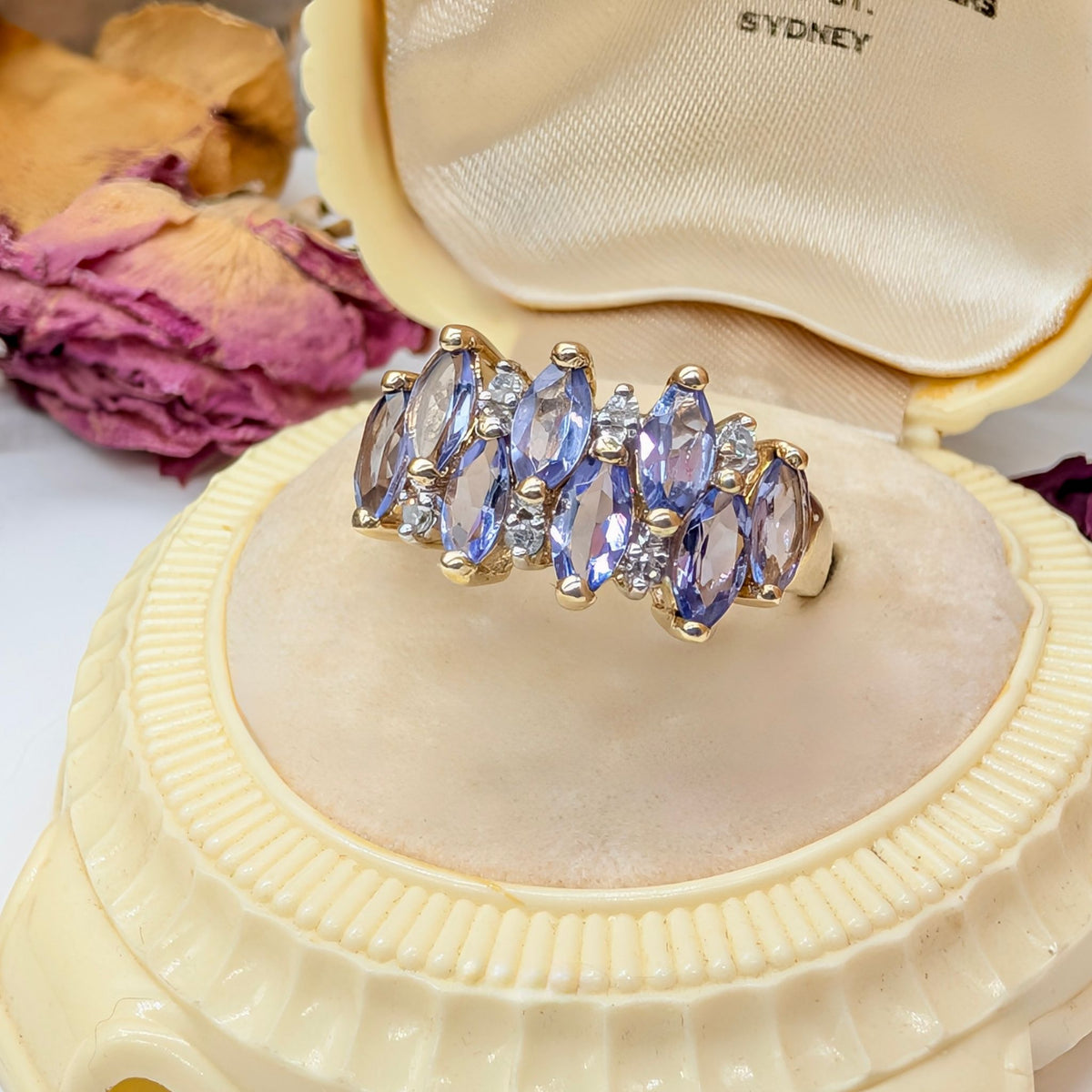 Gorgeous Contemporary 9ct Yellow Gold Tanzanite And Diamond Ring