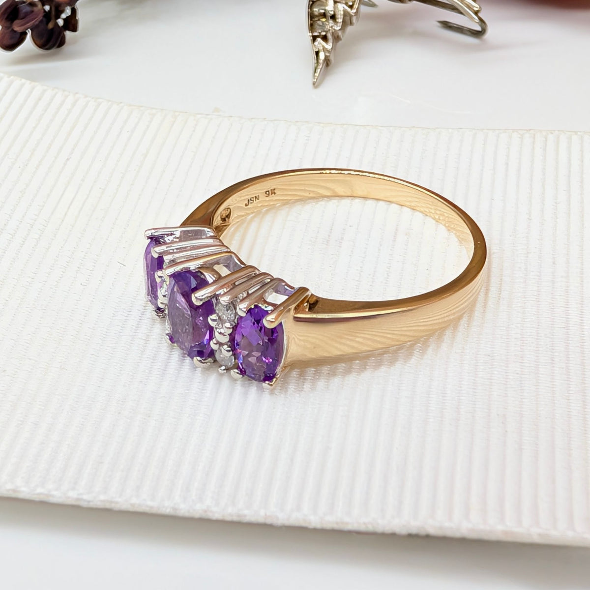 Contemporary 9ct Yellow Gold Amethyst And Diamond Trilogy Ring