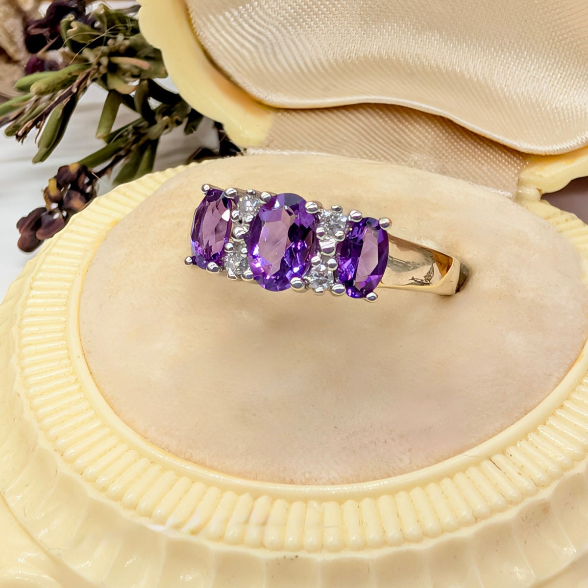 Contemporary 9ct Yellow Gold Amethyst And Diamond Trilogy Ring
