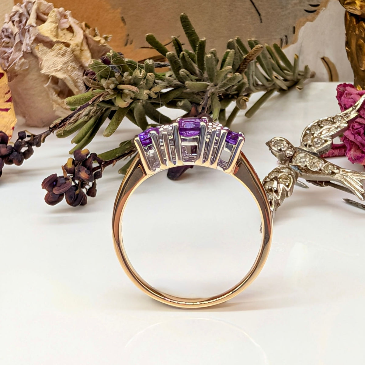 Contemporary 9ct Yellow Gold Amethyst And Diamond Trilogy Ring