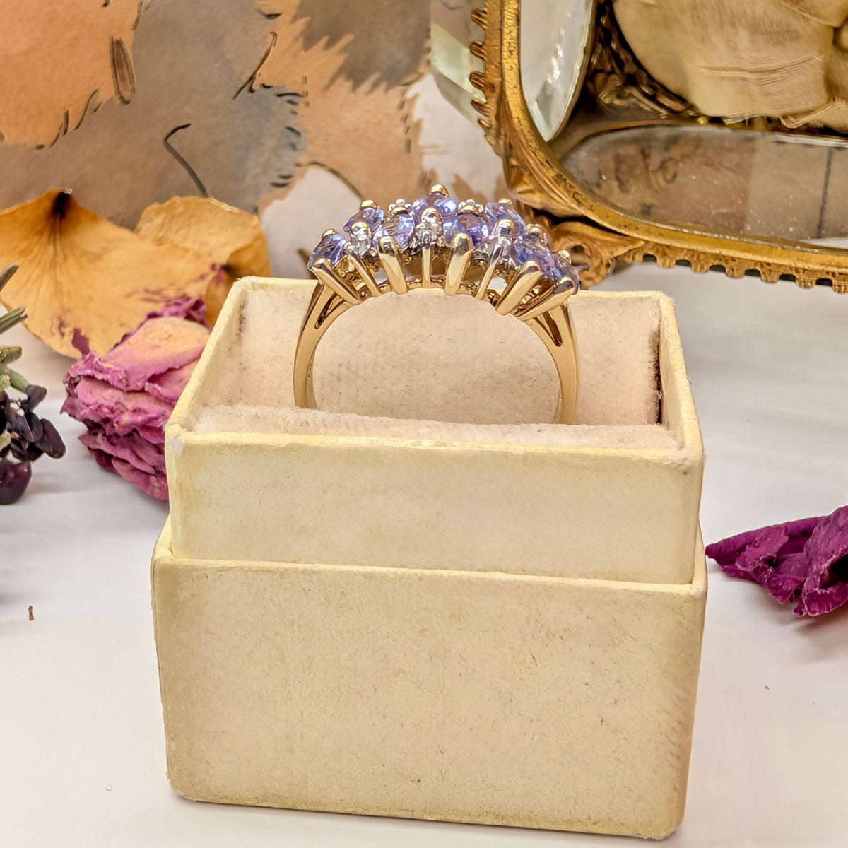 Gorgeous Contemporary 9ct Yellow Gold Tanzanite And Diamond Ring