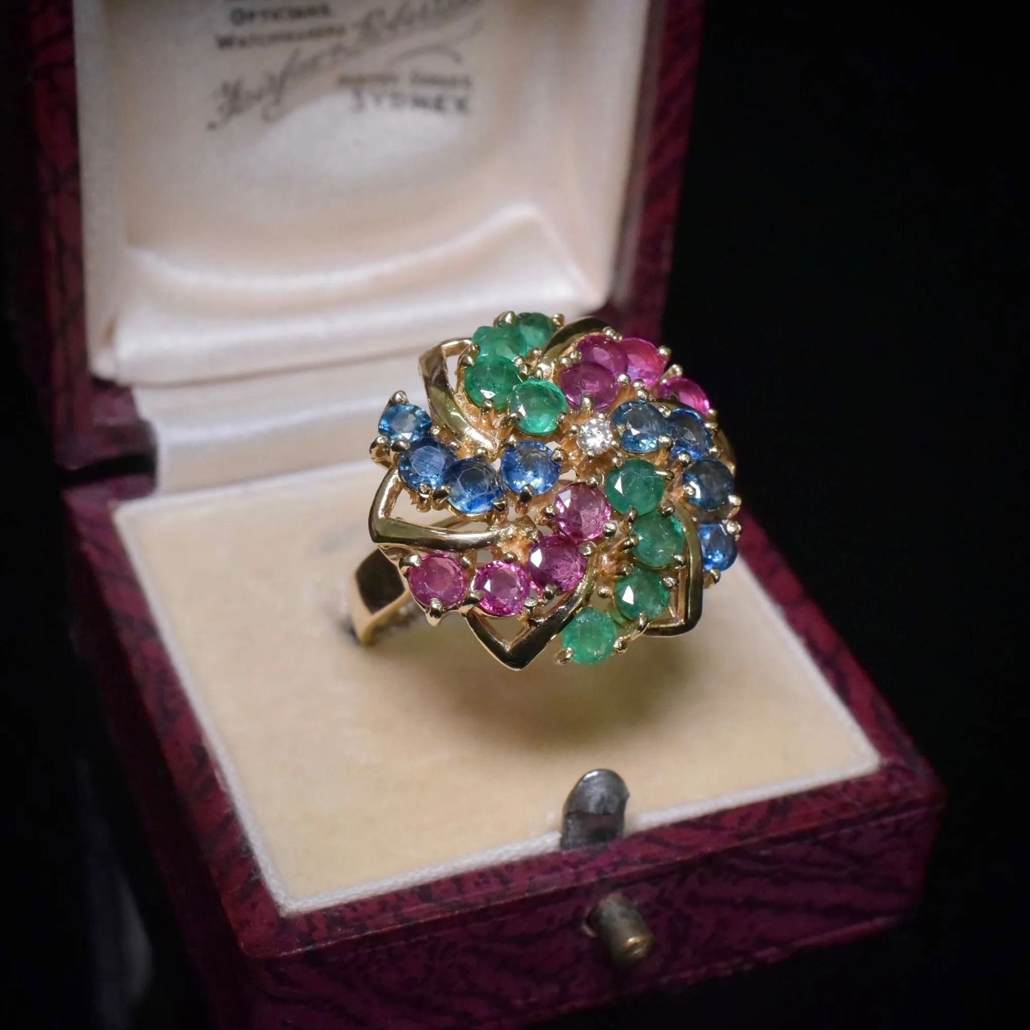 Vintage 14ct Yellow Gold Diamond, Emerald, Ruby, Sapphire Cocktail Ring