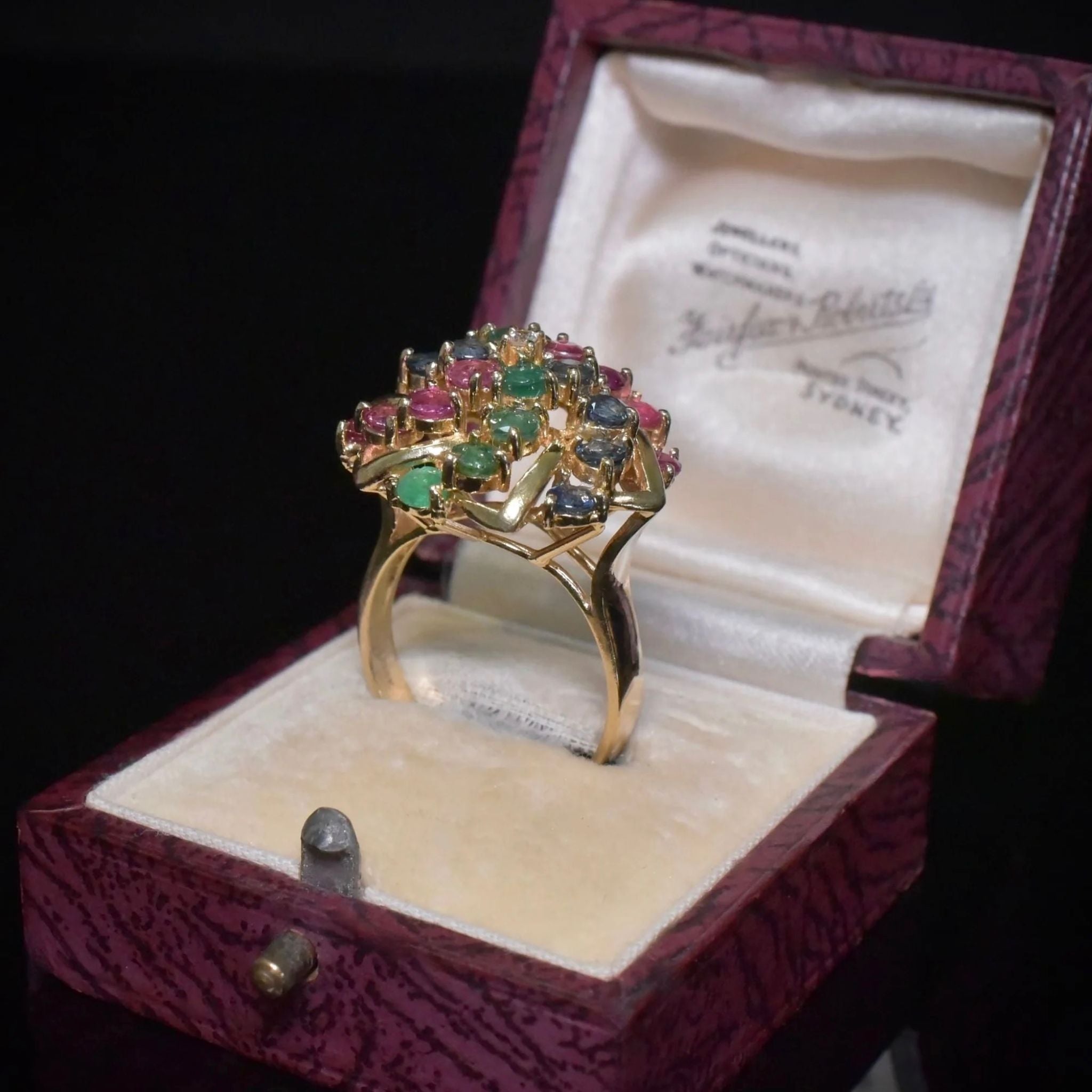 Vintage 14ct Yellow Gold Diamond, Emerald, Ruby, Sapphire Cocktail Ring
