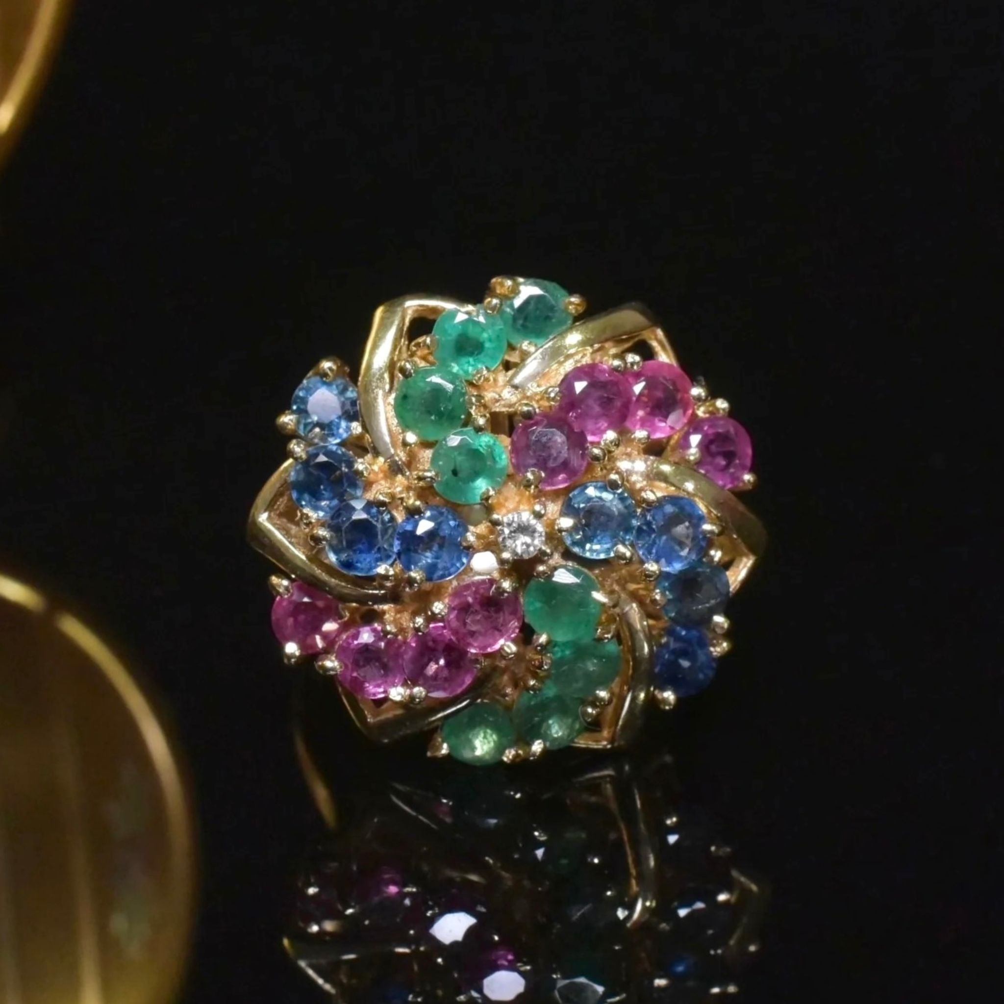 Vintage 14ct Yellow Gold Diamond, Emerald, Ruby, Sapphire Cocktail Ring