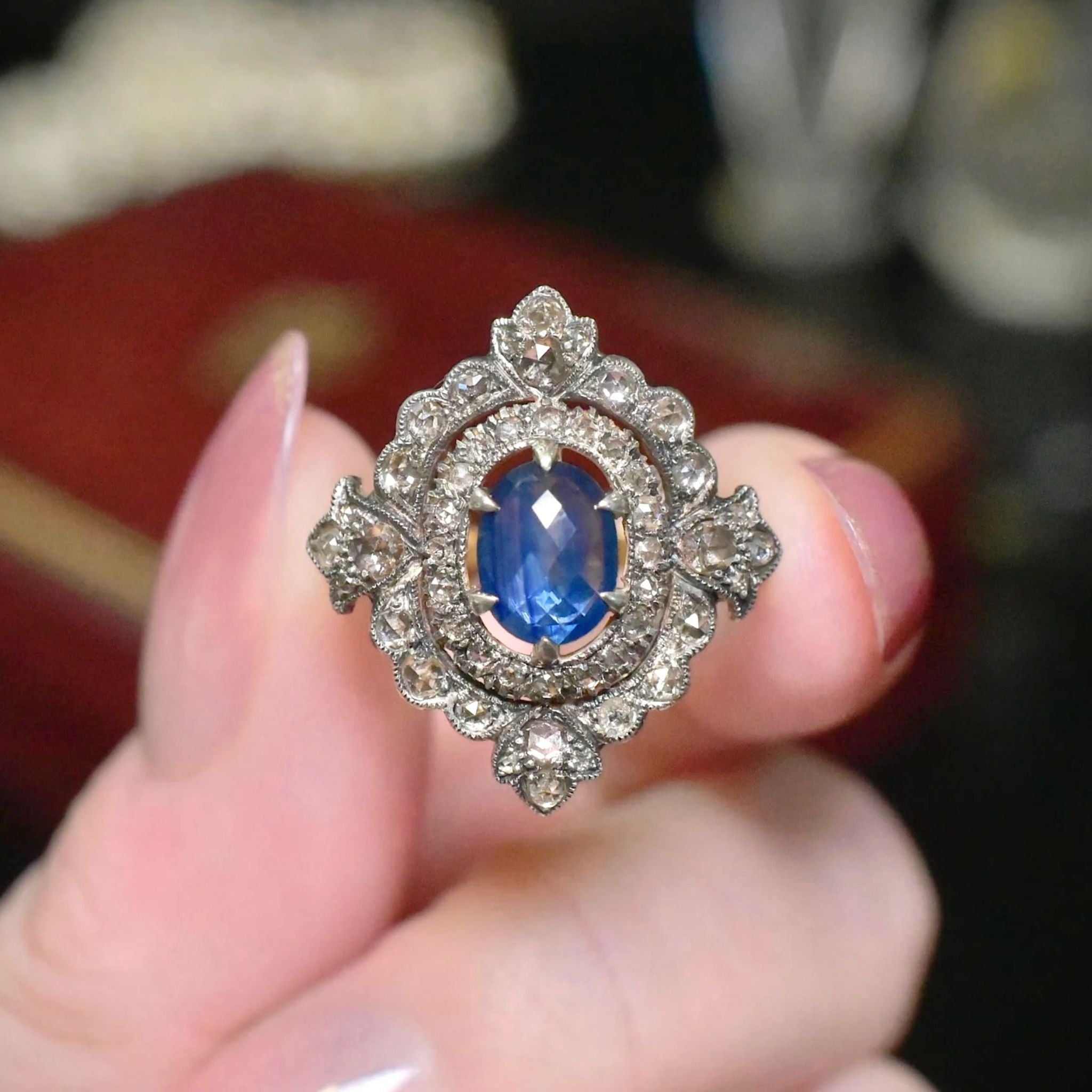 Superb 18ct Gold And Silver Sapphire And Diamond ‘Antique Style’ Ring