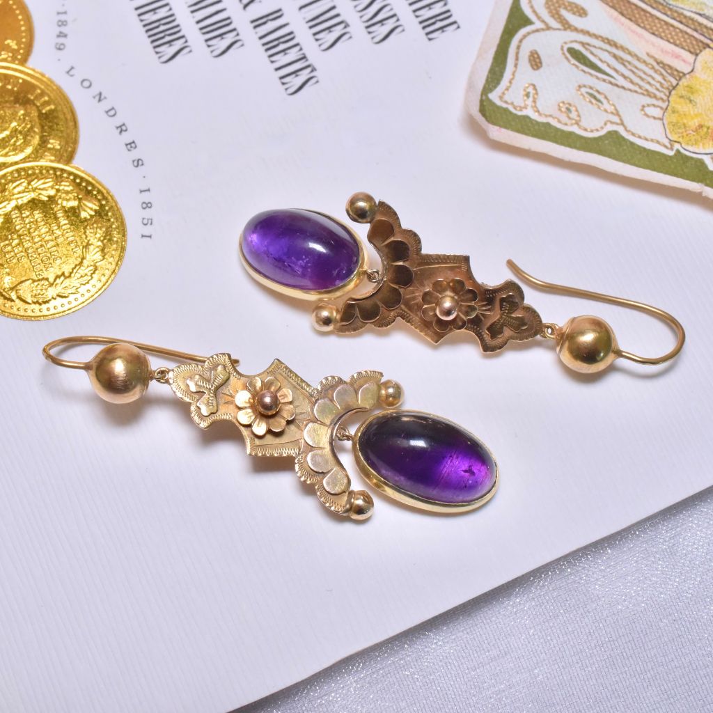 Antique Victorian 15ct Rose Gold And Cabochon Amethyst Earrings Circa 1890’s