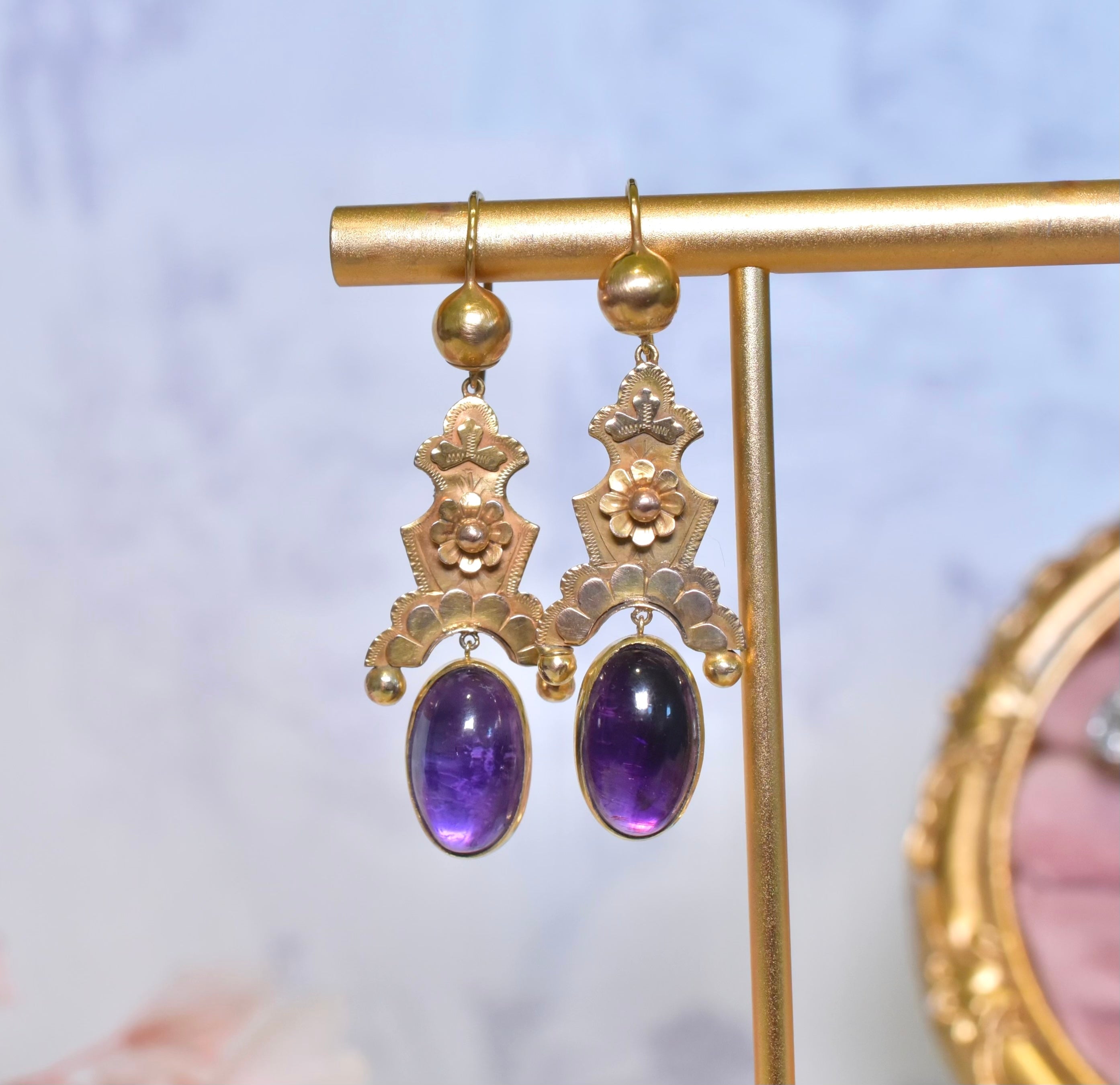 Antique Victorian 15ct Rose Gold And Cabochon Amethyst Earrings Circa 1890’s