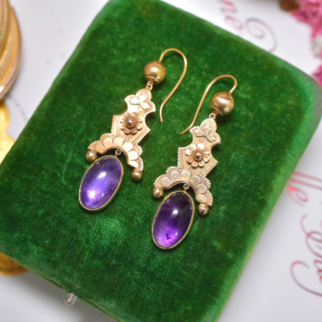 Antique Victorian 15ct Rose Gold And Cabochon Amethyst Earrings Circa 1890’s