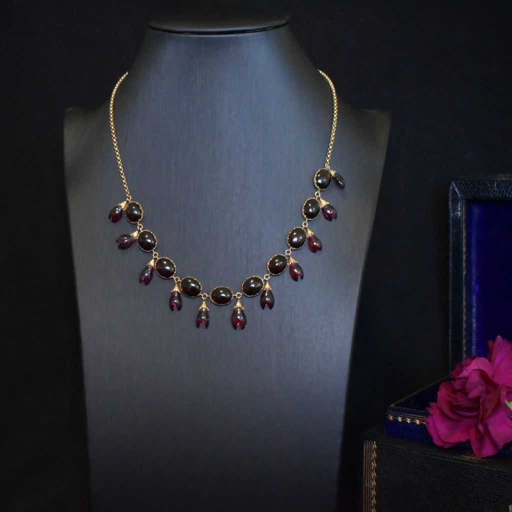 Antique 9ct Rose Gold Garnet Demi-Parure Fringe Necklace And Earrings Circa 1900-1910