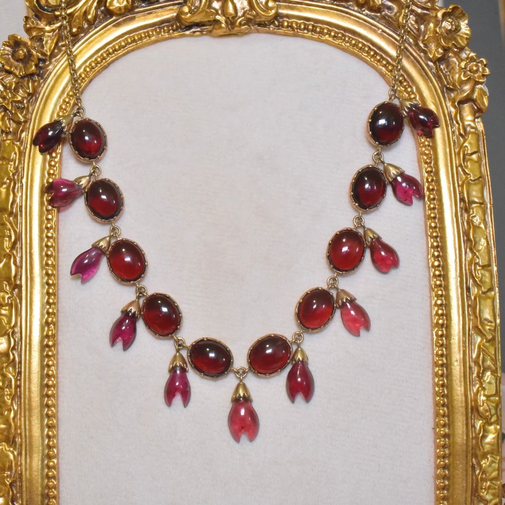 Antique 9ct Rose Gold Garnet Demi-Parure Fringe Necklace And Earrings Circa 1900-1910