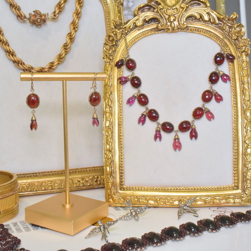 Antique 9ct Rose Gold Garnet Demi-Parure Fringe Necklace And Earrings Circa 1900-1910