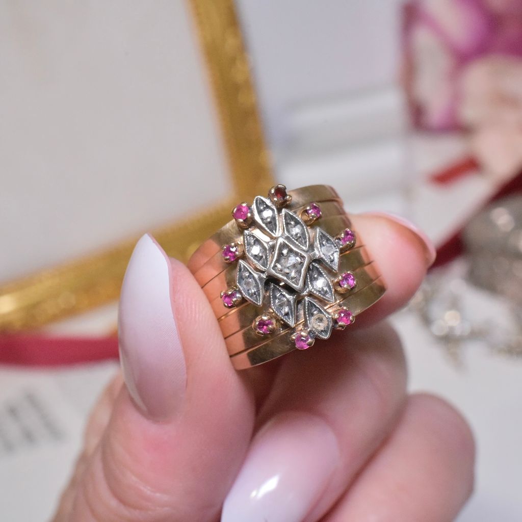 Vintage Mid-Century Italian 12ct Yellow Gold And Ruby And Diamond Harem Ring Circa 1940-60