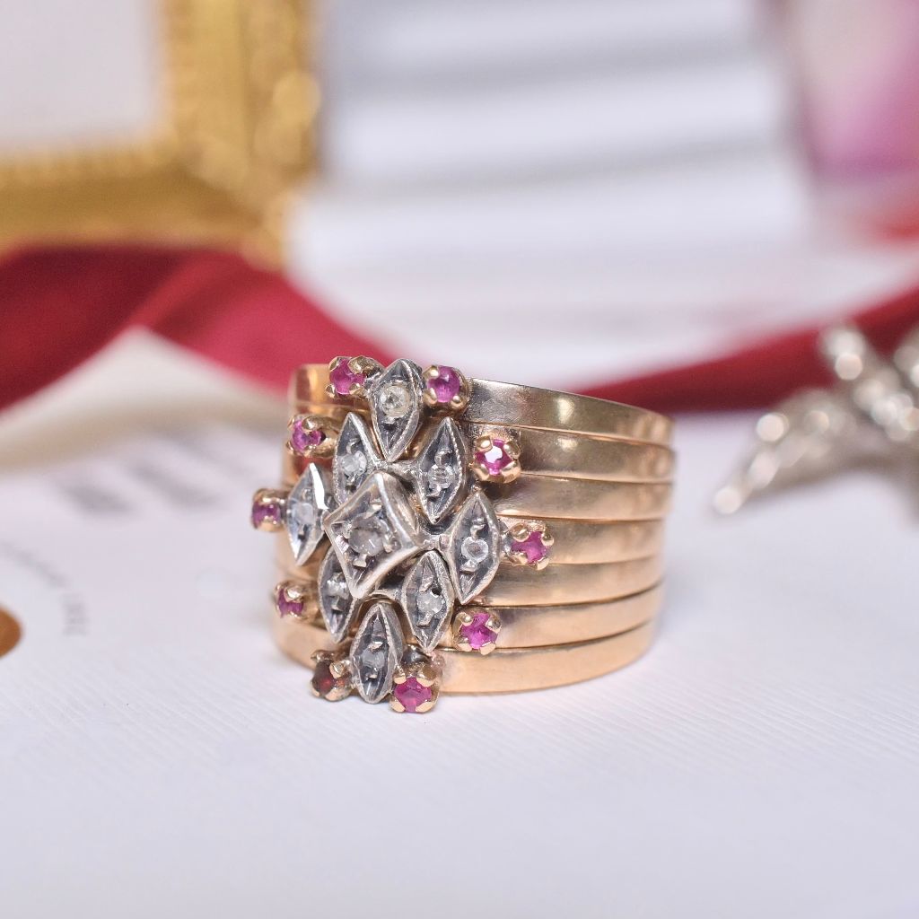 Vintage Mid-Century Italian 12ct Yellow Gold And Ruby And Diamond Harem Ring Circa 1940-60