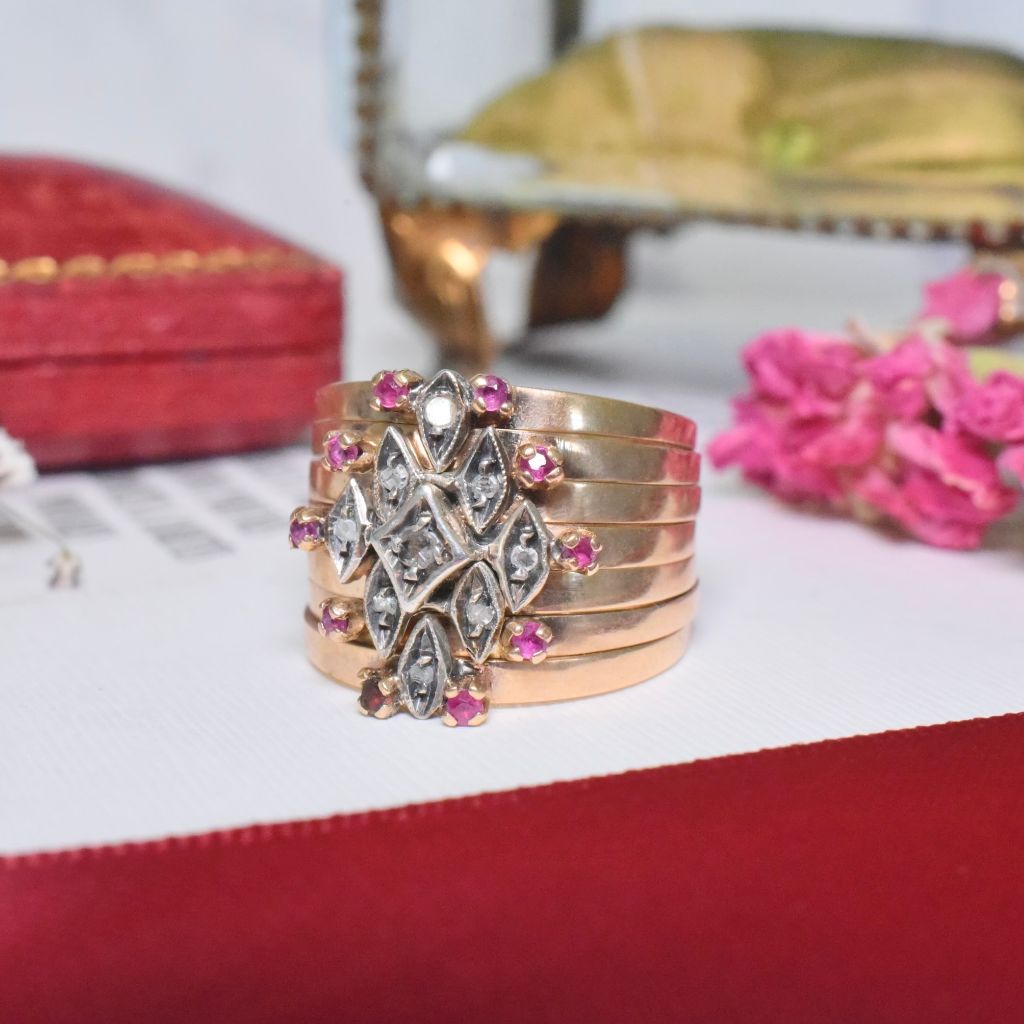 Vintage Mid-Century Italian 12ct Yellow Gold And Ruby And Diamond Harem Ring Circa 1940-60