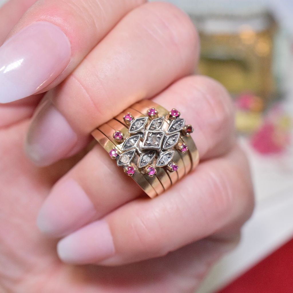 Vintage Mid-Century Italian 12ct Yellow Gold And Ruby And Diamond Harem Ring Circa 1940-60