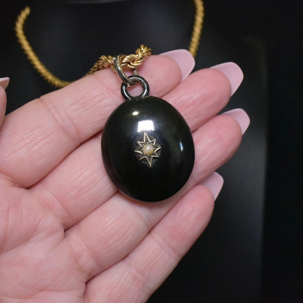 Antique Victorian Jet And Seed Pearl Mourning Locket - Circa 1880’s