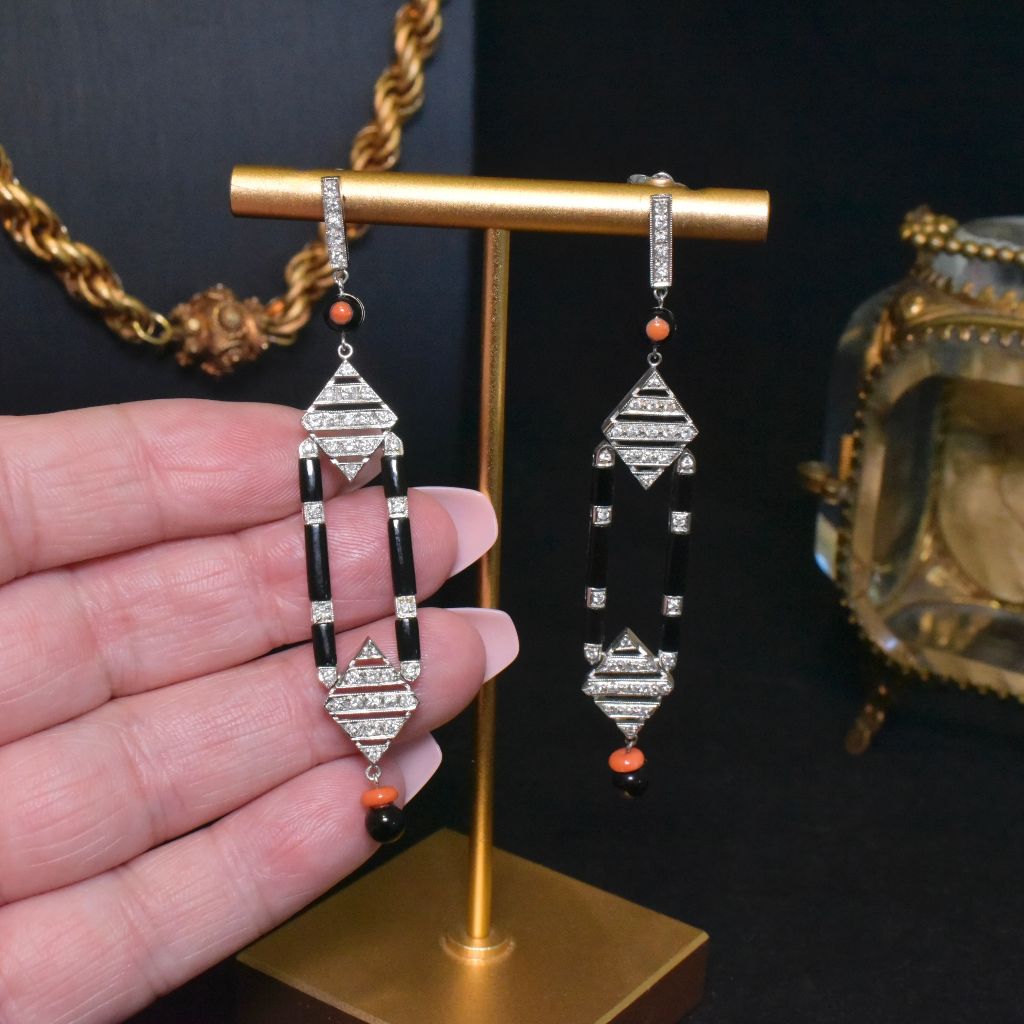 Superb Antique Art Deco Platinum And Diamond, Coral And Onyx Earrings Circa 1920-30’s