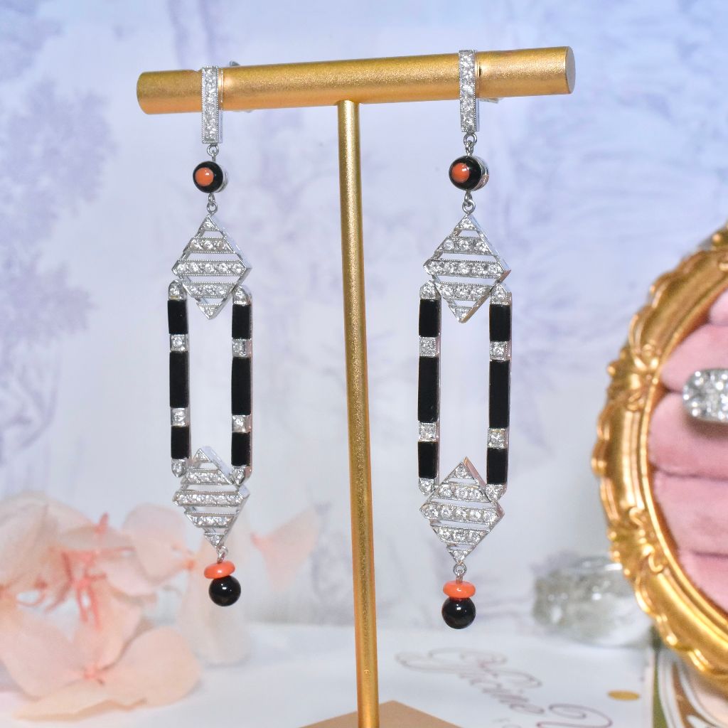 Superb Antique Art Deco Platinum And Diamond, Coral And Onyx Earrings Circa 1920-30’s