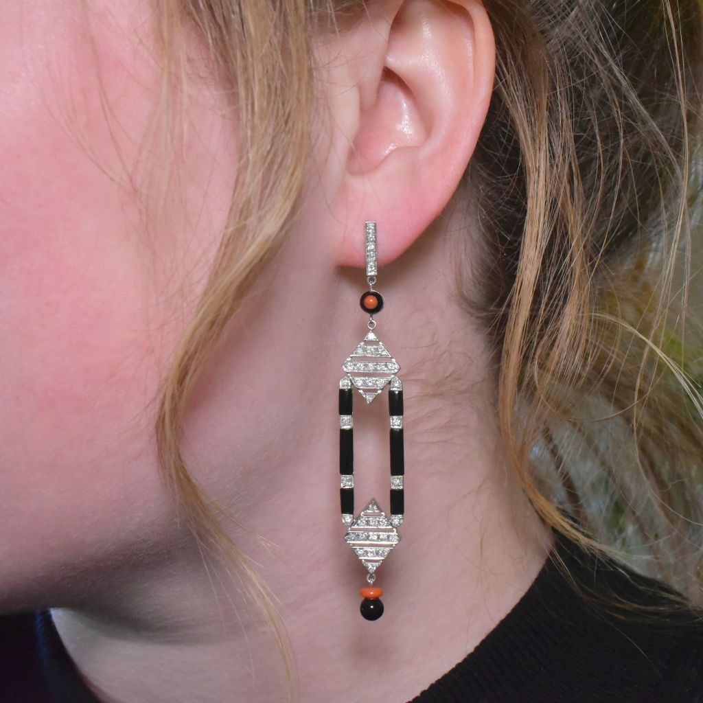 Superb Antique Art Deco Platinum And Diamond, Coral And Onyx Earrings Circa 1920-30’s