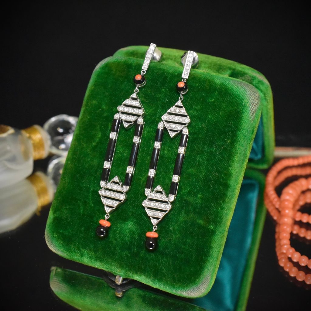 Superb Antique Art Deco Platinum And Diamond, Coral And Onyx Earrings Circa 1920-30’s