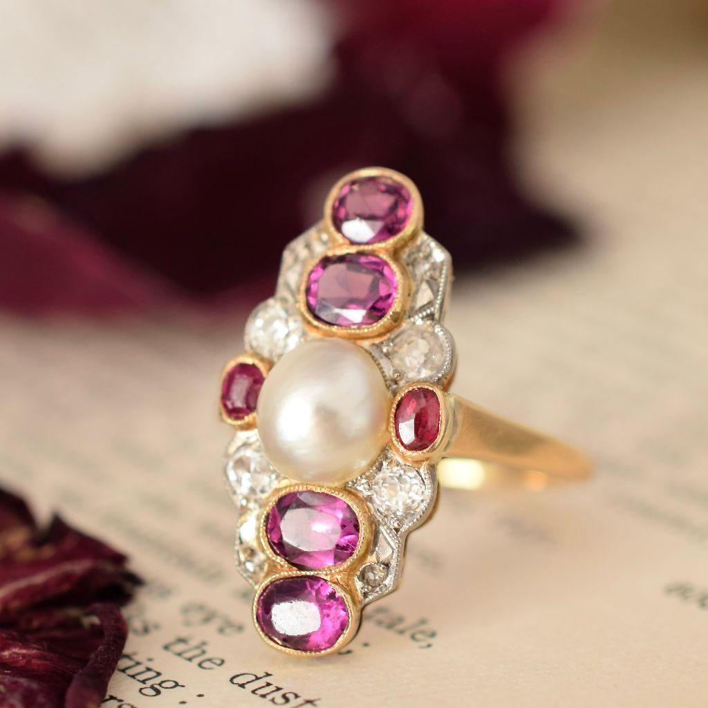 Antique 18ct Yellow Gold Belle Epoque Pearl, Diamond, Ruby, Amethyst Ring Circa 1900 Independent Valuation Included For $6500.00 AUD
