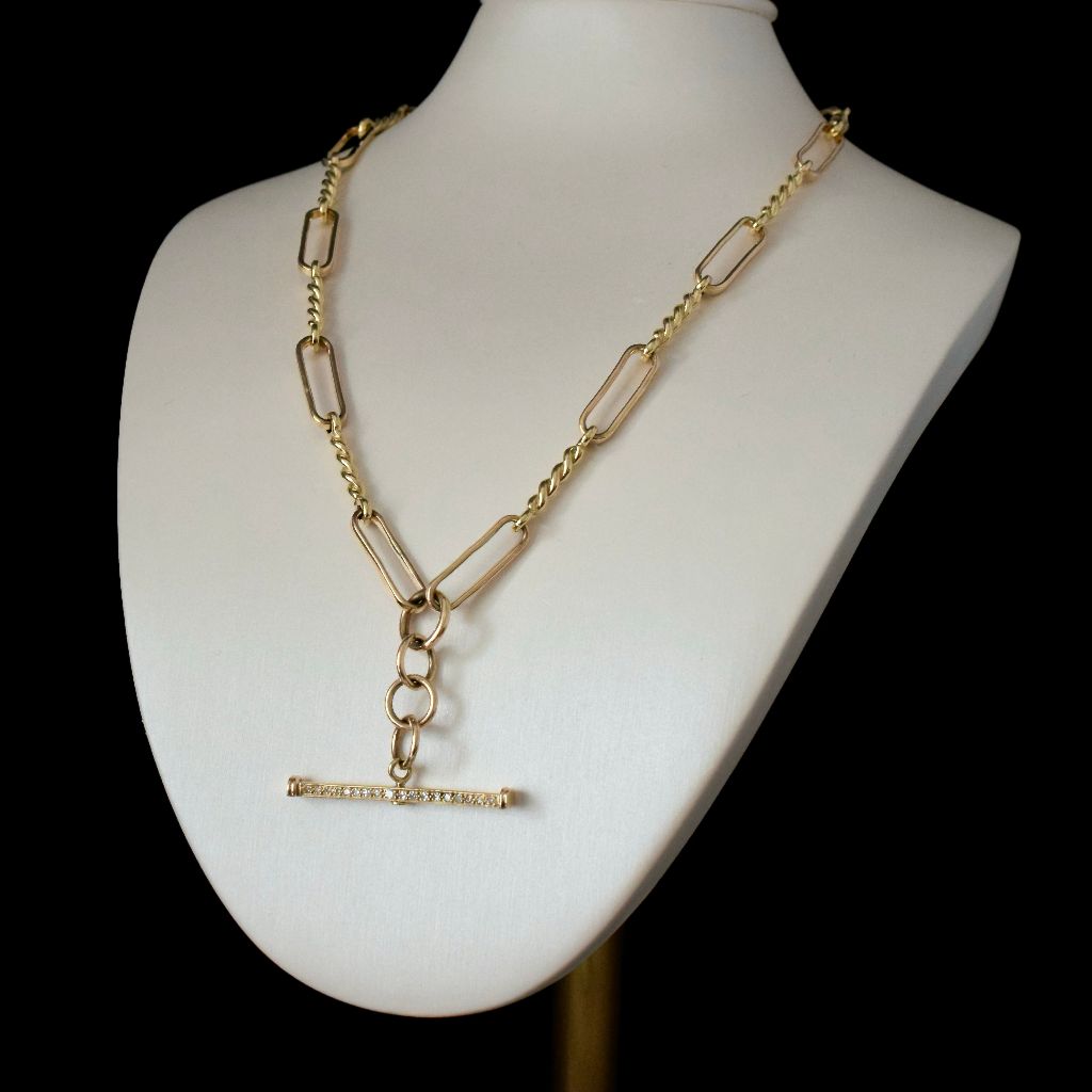 Superb Modern 9ct Yellow Gold And Diamond Fancy Link Fob Chain