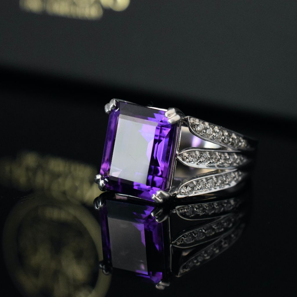 Modern 18ct White Gold Amethyst And Diamond Ring