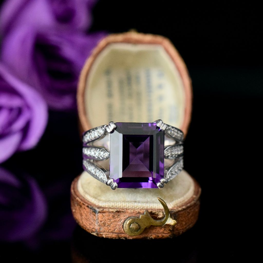 Modern 18ct White Gold Amethyst And Diamond Ring
