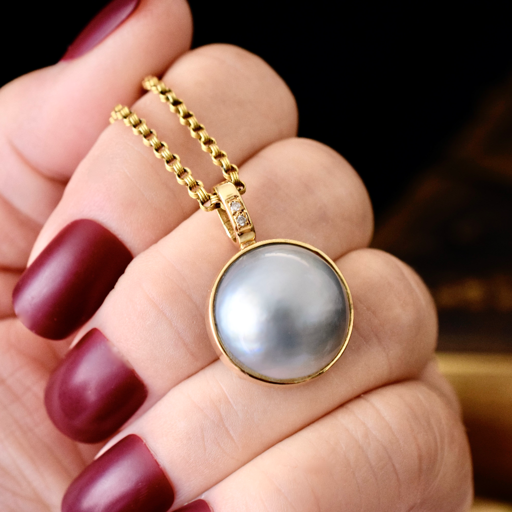 Modern 18ct Yellow Gold Diamond And Mabe Pearl Pendant