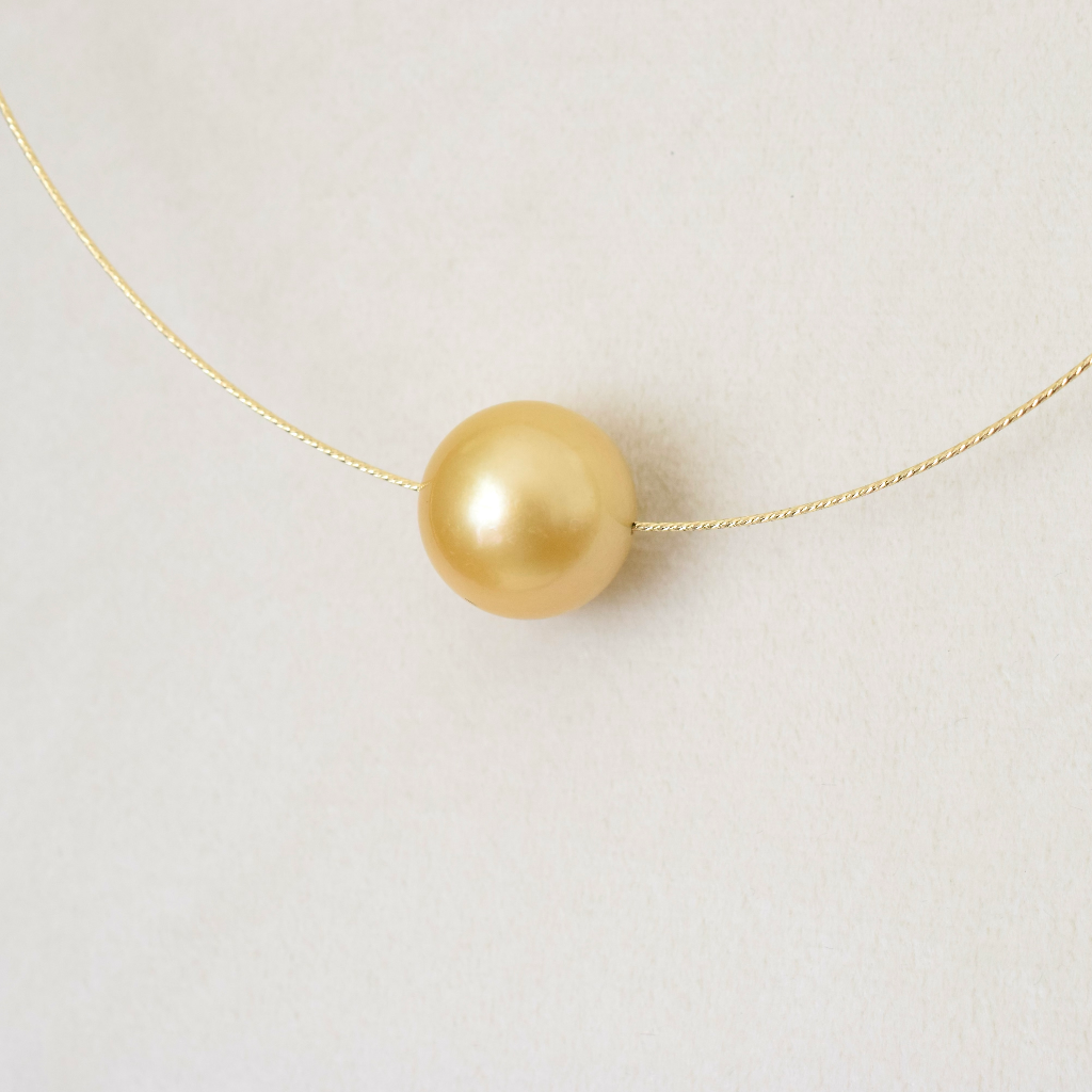 Modern 18ct Yellow Gold Omega Chain And Golden South Sea “Floating’ Pearl Necklace