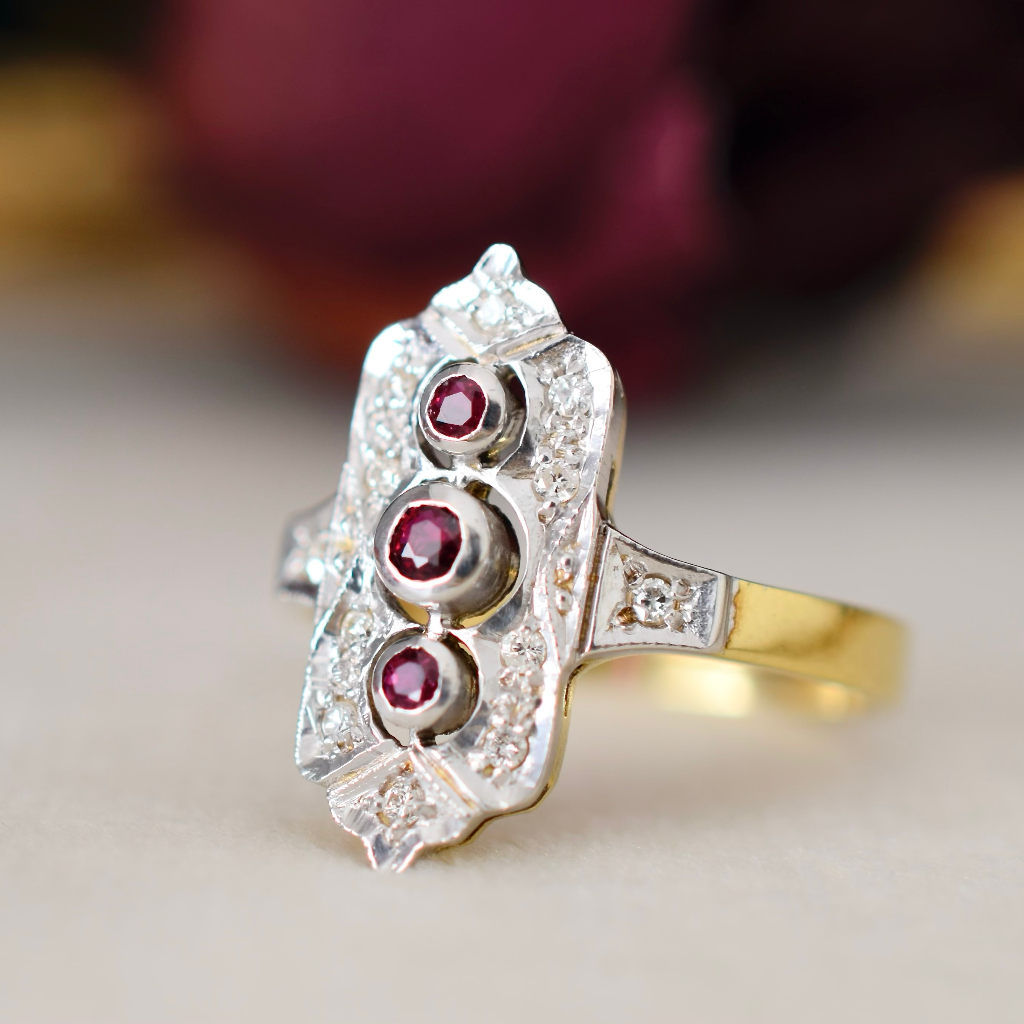 Modern Art Deco Design 14ct Yellow Gold Ruby And Diamond Ring