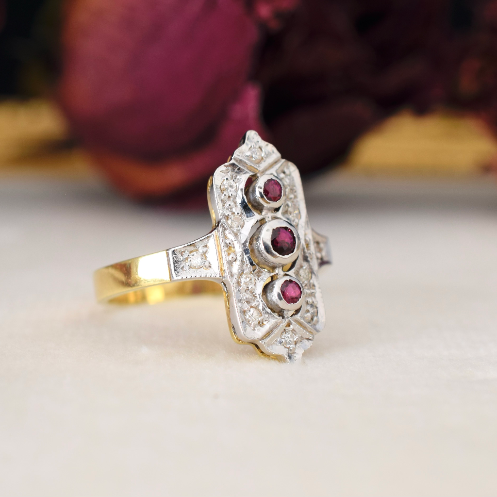 Modern Art Deco Design 14ct Yellow Gold Ruby And Diamond Ring