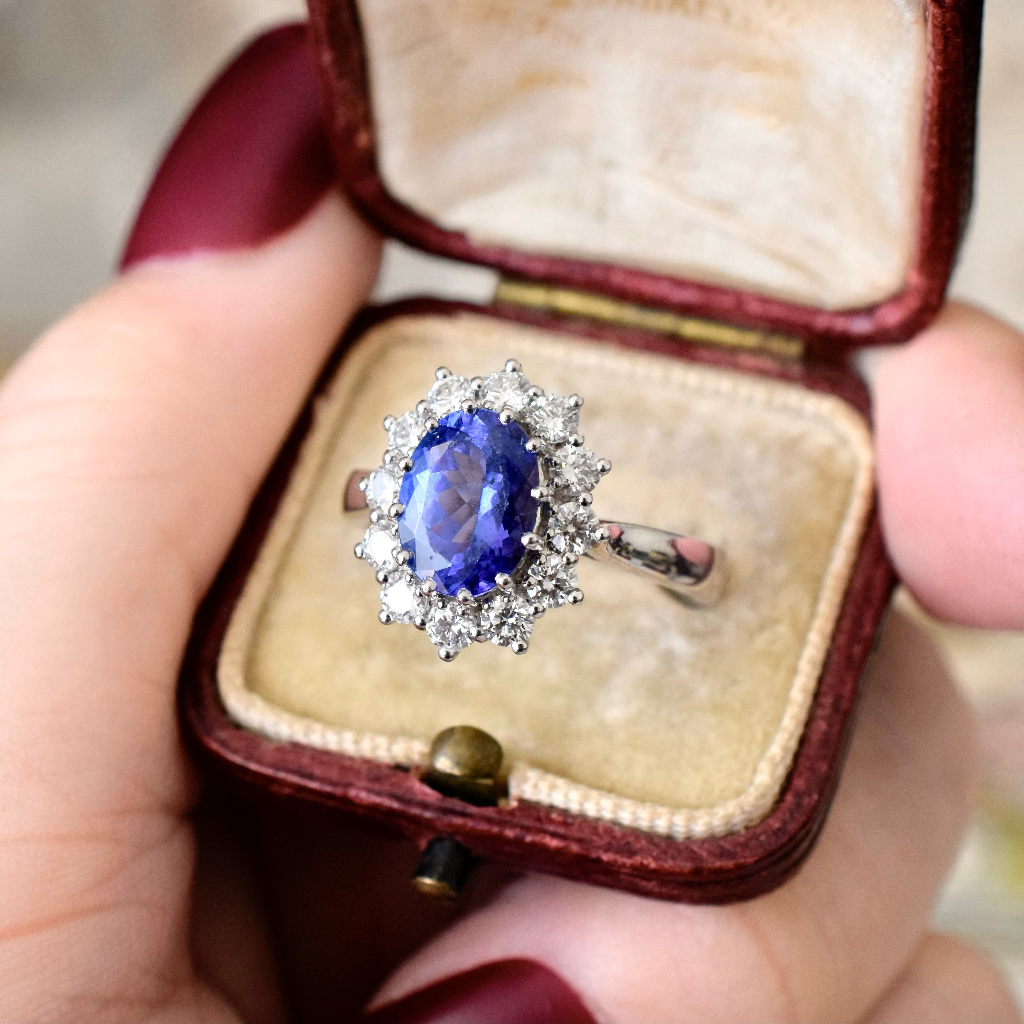 Modern Australian Made 18ct White Gold Tanzanite And Diamond Halo Ring Independent Insurance Replacement Valuation Included For 9,500 AUD