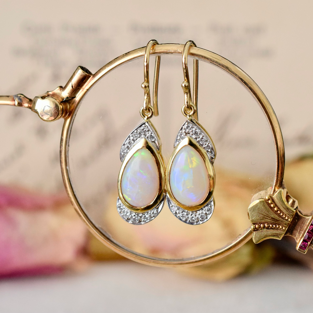 Modern 18ct Yellow Gold Solid White Crystal Opal And Diamond Earrings