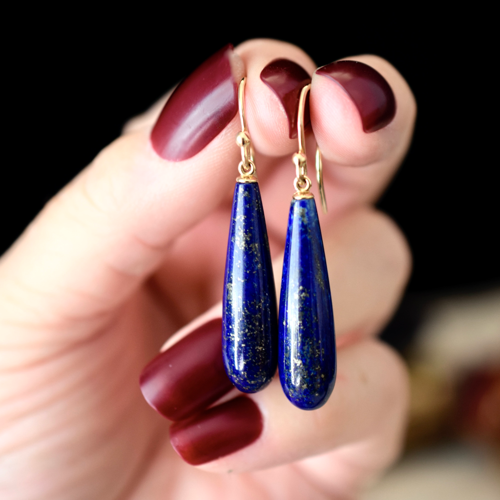 Modern 9ct Yellow Gold Lapis Lazuli Pendeloque Drop Earrings