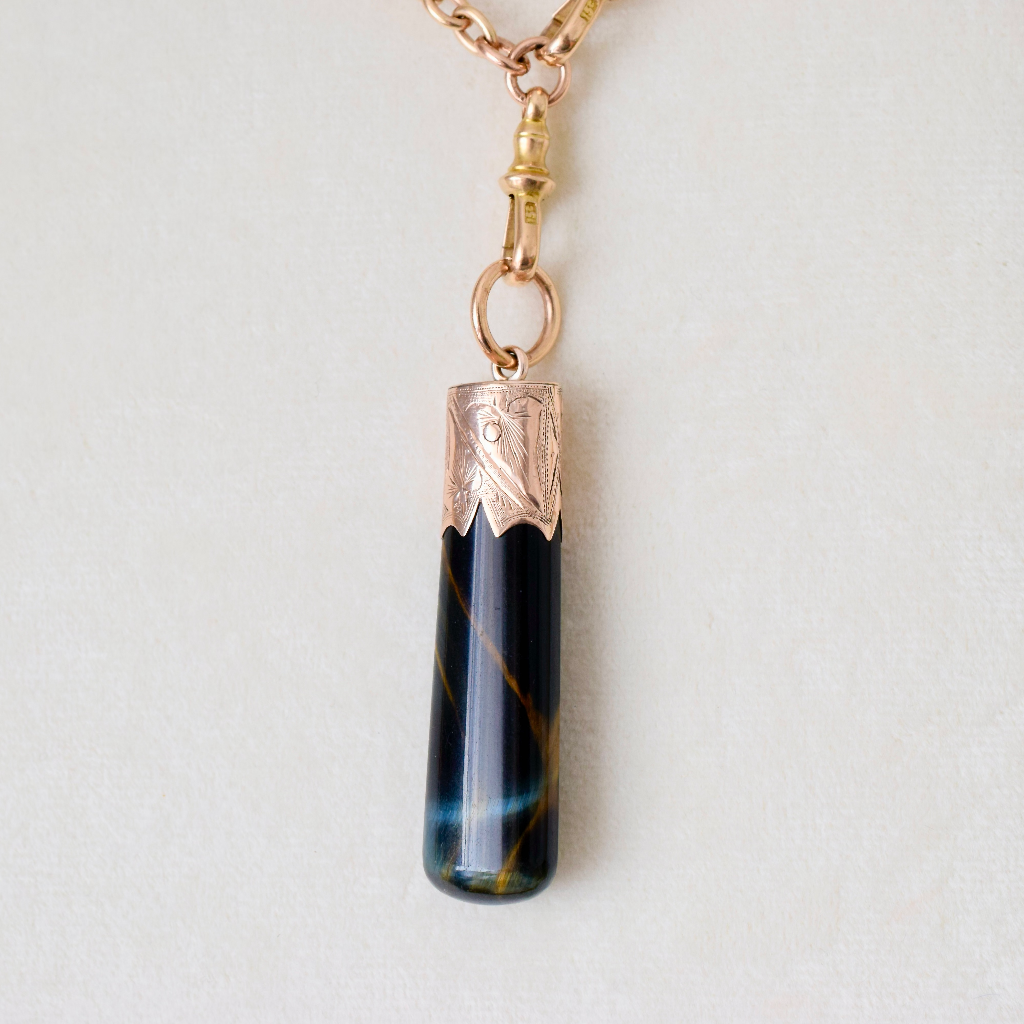 Antique 9ct Rose Gold Hawkes Eye (Blue Tigers Eye) Large Fob Pendant Circa 1900